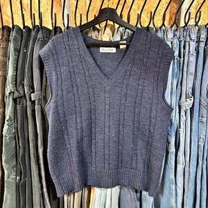 Vintage 90s Troy Hill Knit Sweater Vest Navy Blue 3D Cable Knit Grandpa Vest Lar